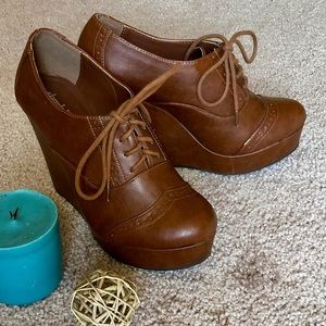 Brown Charlotte Russe wedge lace up booties